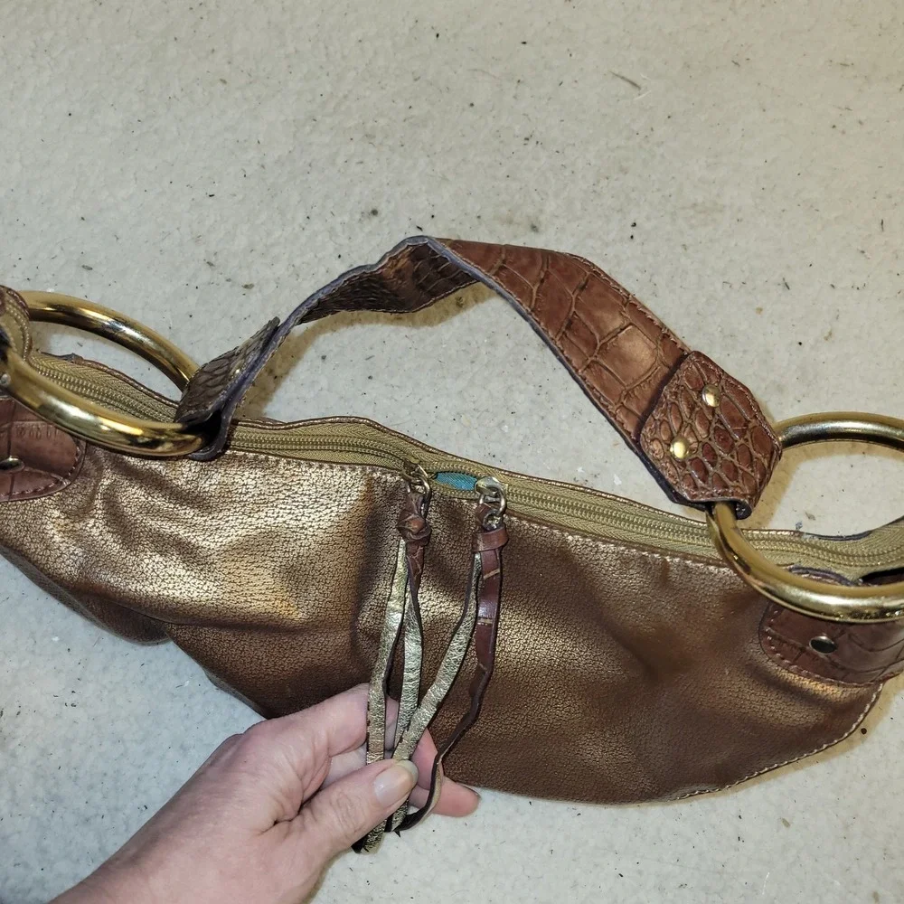 Womens Metallic Bronze Hobo Bag Faux Leather Croc Strap Gold Ring Hardware Small